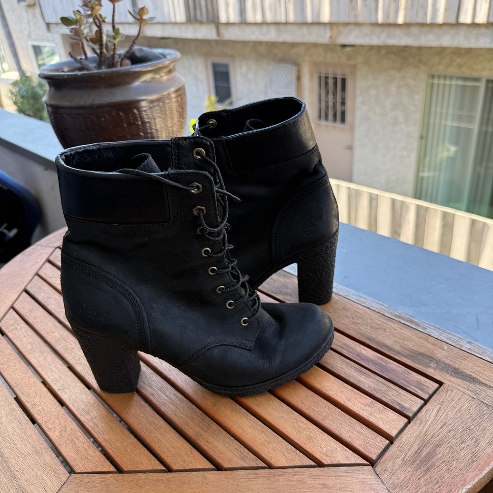Timberland Heeled Ankle Boots Leather Lace Up Black Size 8.5